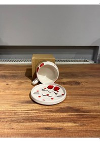 Resim Kedi Desenli Tabaklı Seramik Kupa, Mug, Double T. Kahvesi Filtre 