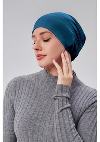 Resim Sonbaharmoda Kadın Tesettür Hazır Pratik Geçmeli Bone Lastikli Kaymaz Petrol Rengi Petrol Mavisi 