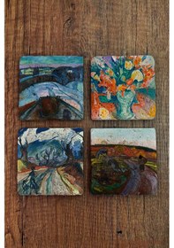 Resim Doğal Taş Bardak Altlığı - Edvard Munch Eserleri Baskılı 10x10cm Stone Coasters Çok Renkli 