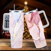 Resim Pink Çiçek Desenli Üç Katmanlı Yalıtımlı Seyahat Bardağı - İçecekleri Soğuk ve Sıcak Tutar, 40 oz Paslanmaz Çelik, Gümüş Renk, 1 Adet (Paket İçi 1) 