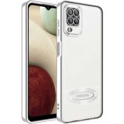 Resim M.TK Moveteck Samsung Galaxy A12 Kılıf Kamera Lens Korumalı Yazı ve Logo Gösterir Parlak Halkalı Şeffaf 