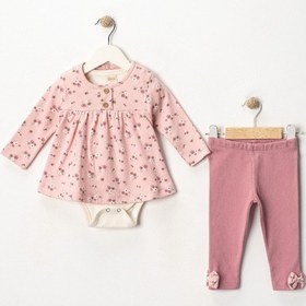 Resim Minik Çiçek Desenli 3'lü Pembe Kız Bebek Zıbınlı Takım Pembe 