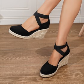 Resim Kadınların Düz Renk Trendy Sandaleti, Elastik Bant Platformlu Kapalı Burun Espadril Ayakkabıları, Oyuk Çıkıntılı Rahat Ayakkabılar 