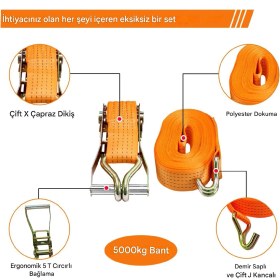 Resim Cırcırlı Gırgır Spanzet Yük Gerdirme Halatı Eşya Sabitleme Sapan 5 Ton 10 Metre Emniyet Kemerli 