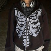 Resim Y2K Noel İskelet Desenli Kapüşonlu Sweatshirt - Siyah Esnek Polyester Karışımı, İpli Bağcıklı, Makinede Yıkanabilir Her Mevsim İçin Günlük Sokak Giyimi 