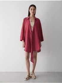 Resim Laluvia Bordo Flam Keten Kimono Gömlek Bordo 