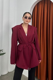 Resim msm fashion Kadın Oversize Blazer Ceket Bordo Kuşaklı Omuz Detaylı 