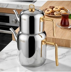 Resim Lines Lcm-0101-2 Mercan Orta Boy Paslanmaz Çelik Gold Kulp 0.80-2.20 Lt Çaydanlık Takımı Sarı 