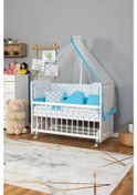 Resim Ahşap Beşik Anne Yanı Beşik Beyaz 60x120 - Mavi Balina Uyku Seti Yatak Tekerlekli Beyaz 