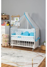 Resim Ahşap Beşik Anne Yanı Beşik Beyaz 60x120 - Mavi Balina Uyku Seti Yatak Tekerlekli Beyaz 