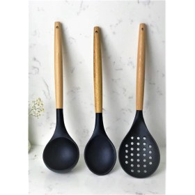 Resim Morponi 3'lü Bambu Saplı Silikon Mutfak Seti Kaşık Kepçe Kevgir Siyah 