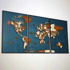 Resim 3D Ahşap Dünya Haritası - Modern 3 Parça Çerçeveli Tasarım - 120x60 cm / Tuana 