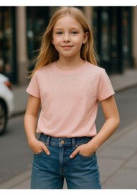 Resim Zekids Kız Çocuk Taş İşlemeli Pamuklu T-shirt-16310 Pudra 