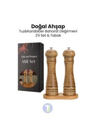 Resim Technojet 2 Adet Doğal Ahşap Karabiber Tuz Kahve Baharat Öğütücü Ahşap Değirmen Tuzluk Biberlik 2li Set Tabaklı 22cm 2li Set Tabaklı 22cm 