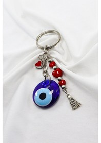 Resim El Yapımı Lacivert Cam Nazar Boncuklu Salkım Kalpli Anahtarlık, Y 