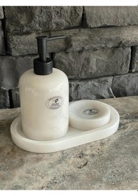 Resim Beyaz Mermer Sıvı Sabunluk, Oval Tepsi. Katı Sabunluk 3'lü Set Siyah Aksesuarlı Beyaz 