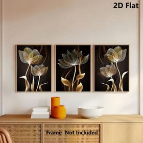 Resim 3 adet, Oturma Odası Dekoru için Siyah ve Altın Çiçekli Duvar Sanatı Tuval Boyama - Modern Soyut Tasarım, Çerçeve Gerekmez 