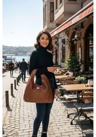 Resim Glemix Arvia Taba Cilt Zımba Detaylı Kadın El Ve Omuz Çantası Taba 
