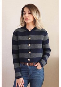 Resim Ribana Kadın Gri Lacivert Çizgili Gold Düğmeli Crop Triko Hırka - Akg1353 Lacivert 