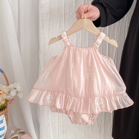 Resim Kız Bebek Yazlık Elbise - Tatlı Çiçekli Kolsuz Fırfırlı Etekli Yumuşak Pembe Bol Kesim Bebek ve Küçük Çocuklar İçin, Nefes Alabilir Hafif Oyun Giysisi, Toplama Detayı, Bebek Kız Giysileri 
