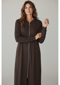 Resim Kadın Önü Fermuarlı Kolu Manşetli Gizli Cepli Mevsimlik Kap Kahverengi 