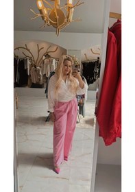 Resim Kadın Palazzo Pile Ve Düğme Detay Pantolon Pembe 