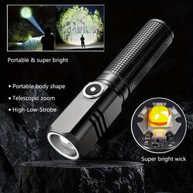 Resim Kompakt USB-C Şarj Edilebilir LED El Feneri, 1000 Lümen Maks, 3 Aydınlatma Modu, Yüksek Kapasiteli 1200mAh, 200-500m Ayarlanabilir Işın, ABS Malzeme, Çift Güç ve Strobe Özelliği, USB Kablosu Dahil - Taşınabilir ve Süper Parlak, Süper Parlak Wick, Taşınabilir El Feneri | Kompakt El Feneri | Ayarlanabilir Işın El Feneri 
