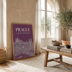 Resim Prague Line Art Print - Plum Castle Charles Bridge Skyline Wall Art - Wooden Frame - Black / 16 x 20" (40x50 cm) 