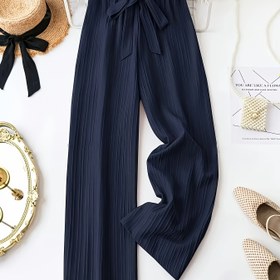 Resim Kadınlar için geniş paça düz renkli rahat polyester pantolon, kurdele detaylı - Tüm mevsimler için giyilebilir 