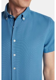 Resim Tudors Erkek Slim Fit Dar Kesim Kısa Kollu Spor Yaka Oxford Doku Pamuklu İndigo Gömlek-34364 İndigo 
