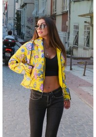Resim Keyifli Moda Kadın Sarı Çiçekli Kapüşonlu Kolları Fermuarlı Kısa Şişme Mont - L - Xl Sarı 