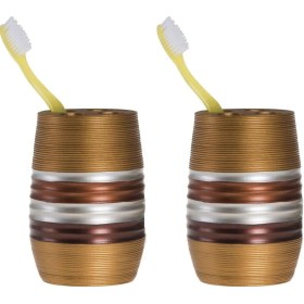 Resim 2 Adet Diş Fırçalık Metalik Kahve Poliresin 6x6x12cm Banyo Seti Çok Renkli 
