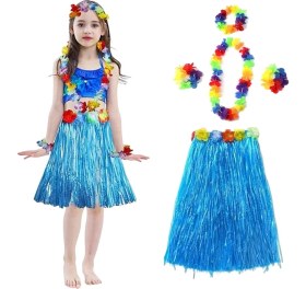 Resim Yetişkin ve Çocuk Uyumlu Hawaii Luau Aloha Mavi Püsküllü Etek Kolye Taç ve 2 Adet Bileklik Seti 