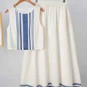 Resim Yazlık Şık Çizgili Baskılı Kolsuz Yelek ve A Kesim Cep Detaylı Midi Etek Moda Günlük Takım 
