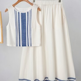 Resim Yazlık Şık Çizgili Baskılı Kolsuz Yelek ve A Kesim Cep Detaylı Midi Etek Moda Günlük Takım 