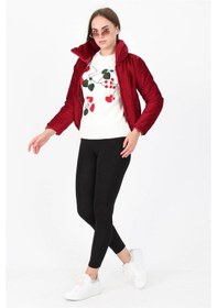 Resim Dip Moda Kadın Yüksek Yaka Cepli Kışlık Kadife Mont Dpnb7154 Bordo 