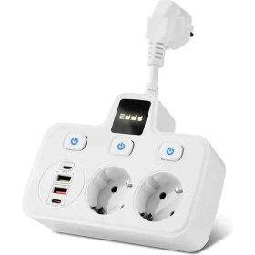 Resim Akım Korumalı 2x USB ve 2x Type-C Portlu 3 Anahtarlı Ikili Priz Hızlı Şarj Özellikli Duvar Tipi Kısa Kablolu 2li Priz 