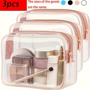 Resim 3 adet Fermuarlı Kapatma ile Şeffaf Makyaj Çantası - Şeffaf Seyahat Kozmetik Organizatörleri, Dayanıklı PVC Malzeme, Tuvalet Malzemeleri ve Temel Ürünler için Mükemmel, Kozmetik Depolama Organizatörü, Tuvalet Seyahat Kutusu, Şeffaf Tasarım, Sağlam Fermuar Kapatma 