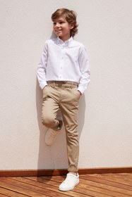 Resim ALTINYILDIZ CLASSICS Bej Slim Fit Dar Kesim Yan Cepli Pamuklu Esnek Çocuk Chino Pantolon 