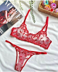 Resim Kırmızı Kalpli Balenli Dantelli Sütyen Tanga Takımı - Fantezi İç Giyim Kırmızı 