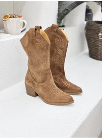 Resim D24kb-1755 Nakış Detaylı Hakiki Deri Süet Midi Bot Western Çizme Kadın 001 