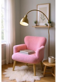 Resim Azra Mobilya Modern Şeker Pembe Teddy Kumaş Rahat Berjer Tekli Koltuk Yumuşak Dokulu, Ahşap Ayaklı Pembe 