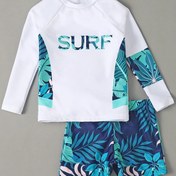 Resim Erkek Çocuklar için Sörf Temalı Uzun Kollu Yüzme Kıyafeti - Esnek, Crew Boyun, "SURF" Grafik ve Yama Detayları ile Tropik Yaprak Baskısı - Plaj Tatilleri, Partiler ve Casual Yaz Giyim için Mükemmel, Plaj Aksesuarları 