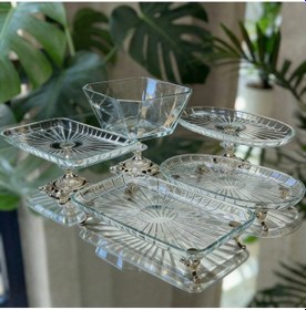 Resim Vintage 5 Parça Gümüş Kristal Sunum Seti - Kase, Ayaklı Tabak Ve Kulplu Tepsi Gri 