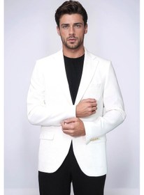 Resim Ekru Kedinden Desenli Örme Altın Renk Metal Düğmeli Slim Fit Erkek Blazer Ceket - Wessi Blue 