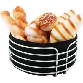 Resim Metal Ekmeklik Paslanmaz Krom Şeritli Siyah Kumaş Yuvarlak Ekmeklik Ekmek Sepeti Gümüş 