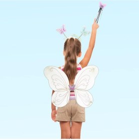 Resim Kelebek Kanat Taç Asa Seti Beyaz Simli Kız Kostümü 