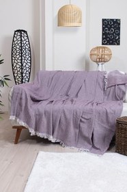 Resim Pamuklu Zikzak Desenli Püsküllü Koltuk Örtüsü, 170x210 cm, Geometrik Desen, Minimalist Stil, Yıkanabilir (Bordo) 