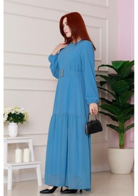 Resim Sevitli Beli Taşlı Kemerli Uzun Elbise-bebe Mavi-3078 Bebe Mavi 