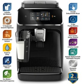 Resim Philips 2300 Serisi Tam Otomatik Espresso Makinesi | Lattego Süt Sistemi | 3 Çeşit Içecek | Seramik Öğütücü | Dokunmatik Ekran | Aquaclean Filtre | Kolay Temizlenebilir | Mat Siyah 